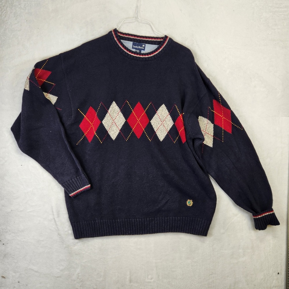 Stanley Blacker Mens XXL Navy Argyle Sweater Ramie Cotton Knit Crewneck RN 59478